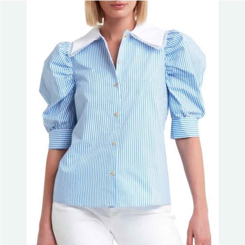 H Halston Puff Sleeve Peter Pan Collar Striped Cottagecore Top Size Large